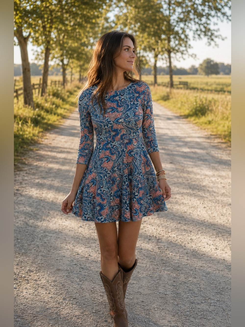 Forever 21 Blue and Coral Paisley Fit-and-Flare Dress with Soft Country Style